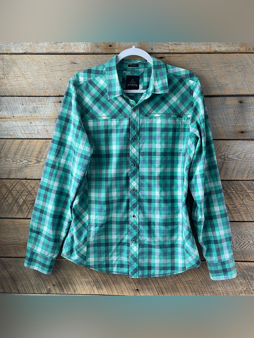 prAna Zeven Slim Shirt Men’s Med Cool Green Plaid Long Sleeve Button Up